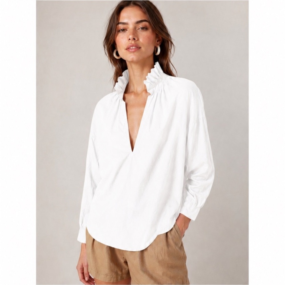 A Shirt Thing Penelope Blouse Women XS White Ruffle V Neck Tunic Top Cotton Boho